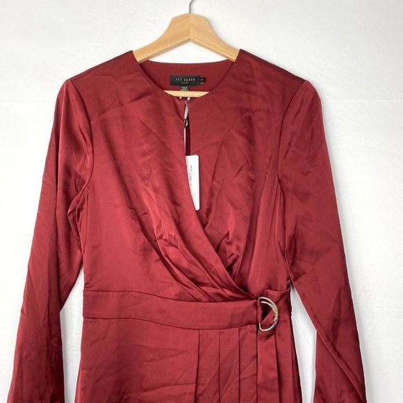NWT Ted Baker London Neenha Long Sleeve Satin Midi Wrap Dress Red 1 - Picture 6 of 12